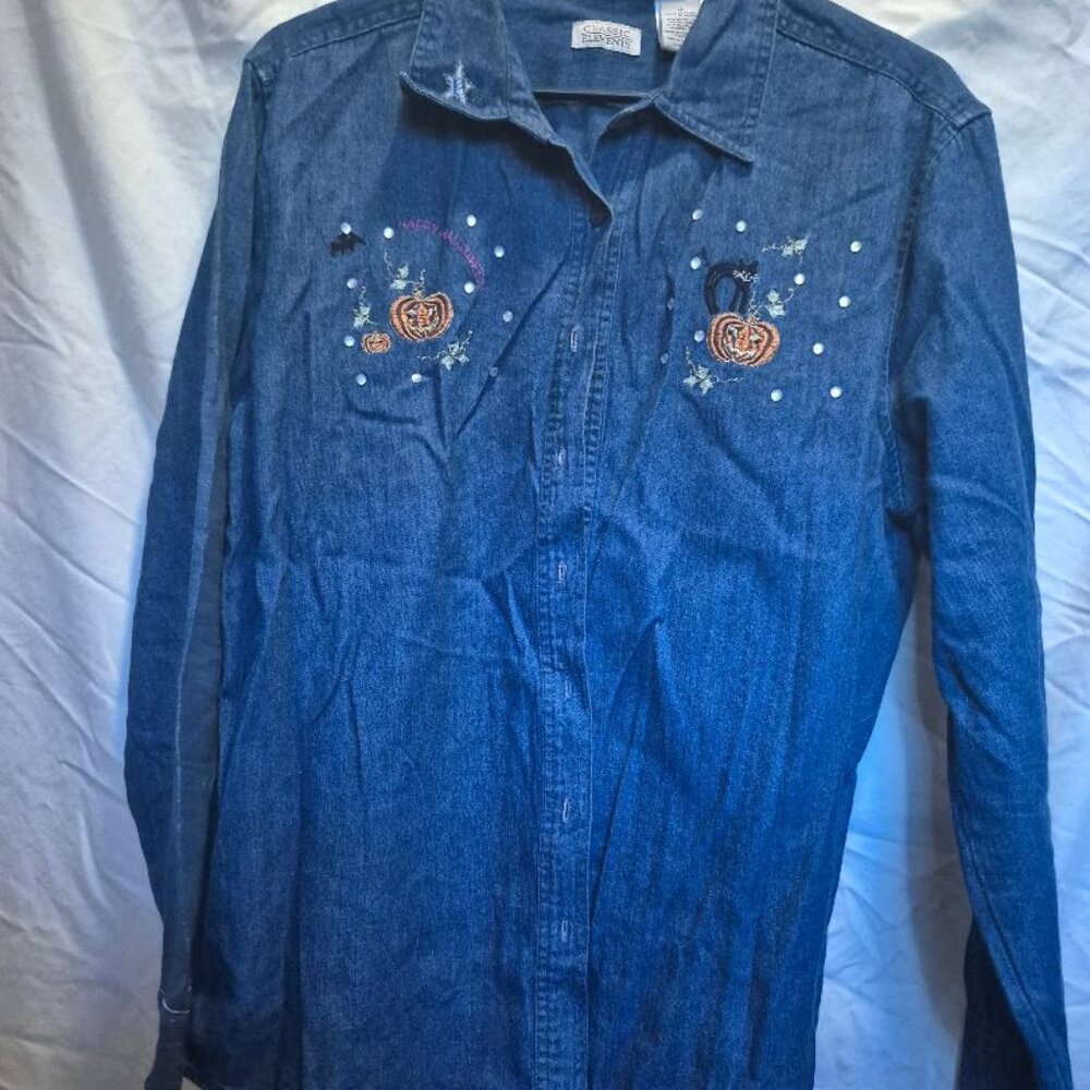 Vintage Denim Halloween Size 12 Large Embroidered Button Shirt